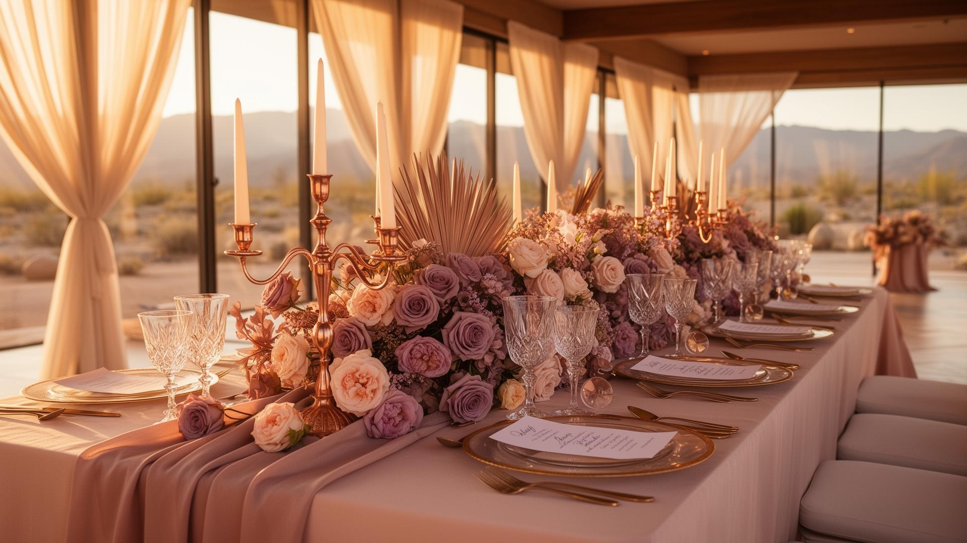 Luxury blush and lavender desert wedding tablescape at golden hour