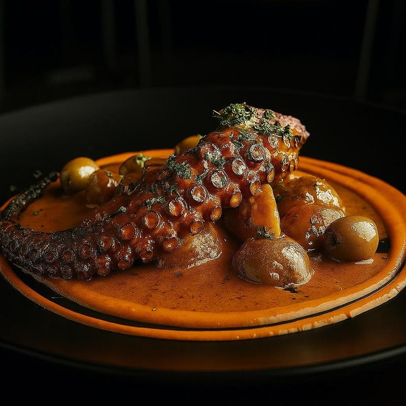 Signature charred octopus on a clay plate at Tres Las Vegas